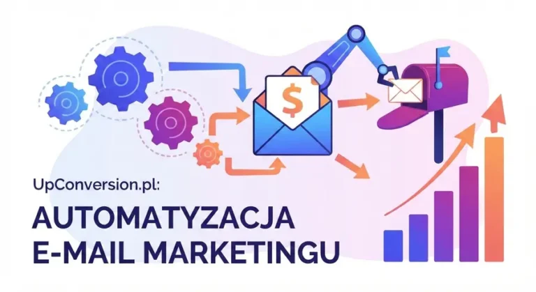 Infografika przedstawiająca proces automatyzacji e-mail marketingu: od mechanizmów automatyzacji (koła zębate) do wzrostu przychodów (wykres słupkowy) i wysokiego ROI dla małej firmy.