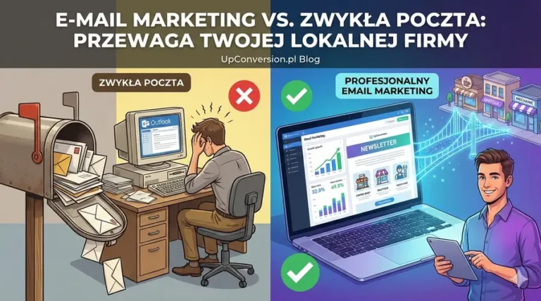Porównanie: różnica między e-mailem a e-mail marketingiem dla firmy lokalnej – po lewej stronie chaotyczna zwykła poczta, po prawej profesjonalny newsletter i automatyzacja na laptopie.