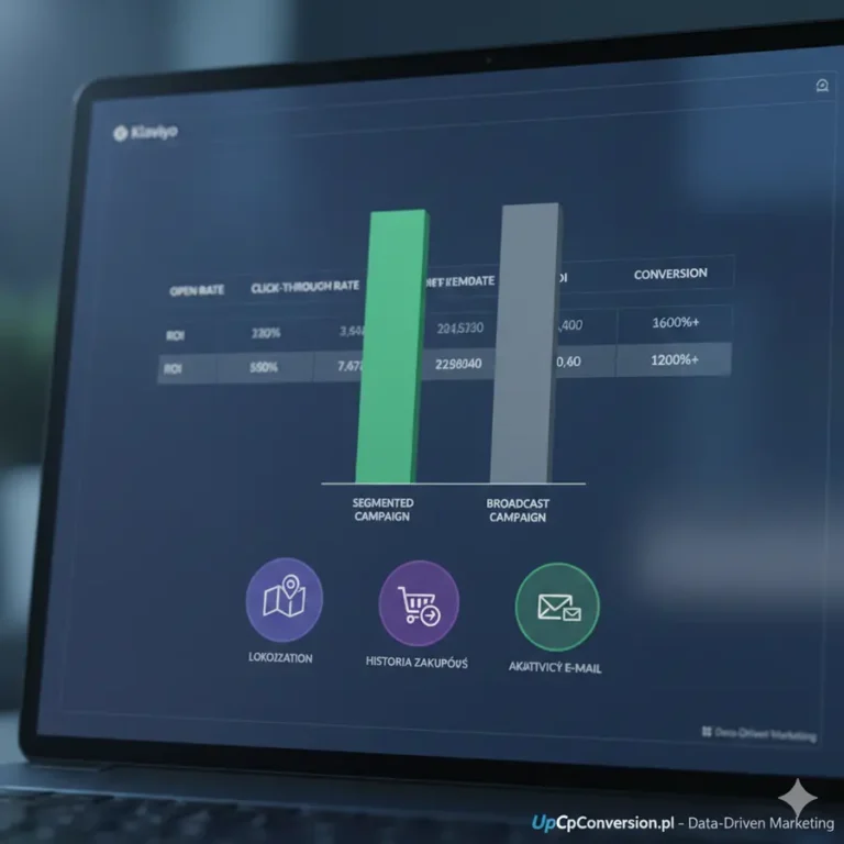 Wykres porównujący wyniki kampanii segmentowanej i masowej na ekranie laptopa, prezentujący wyższy Open Rate i ROI dla ukierunkowanych grup odbiorców w e-mail marketingu.