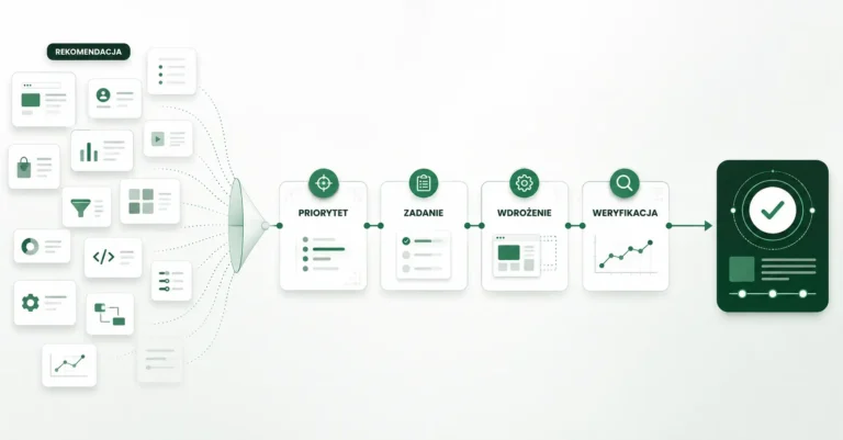 Schemat procesu przejścia od rekomendacji e-commerce przez priorytet i zadanie do wdrożenia oraz weryfikacji efektu.