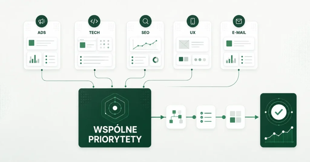 Schemat łączący działania Ads, technologii, SEO, UX i e-mail marketingu we wspólne priorytety oraz jeden plan rozwoju e-commerce.