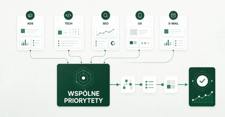 Schemat łączący działania Ads, technologii, SEO, UX i e-mail marketingu we wspólne priorytety oraz jeden plan rozwoju e-commerce.